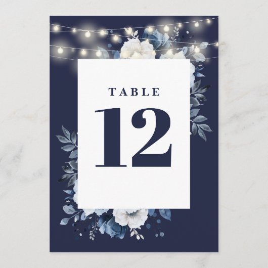 Navy Blue Rustic String Lights Floral Tischnummer (Rückseite)