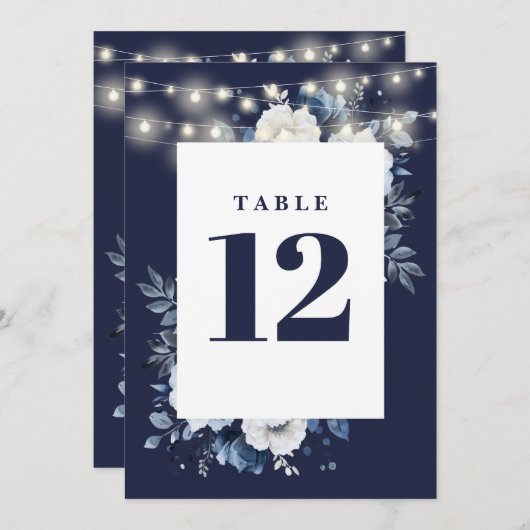 Navy Blue Rustic String Lights Floral Tischnummer (Vorne/Hinten)