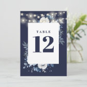 Navy Blue Rustic String Lights Floral Tischnummer (Stehend Vorderseite)