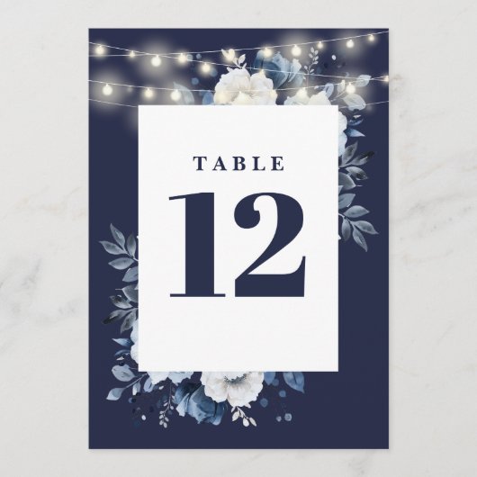 Navy Blue Rustic String Lights Floral Tischnummer (Vorderseite)