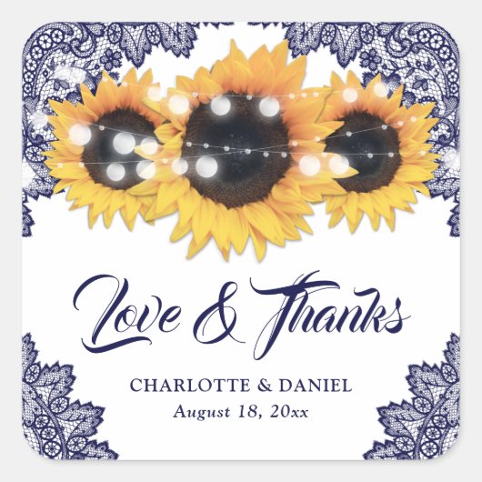Navy Blue Rustic Sunflower Wedding Thank You Quadratischer Aufkleber (Vorderseite)