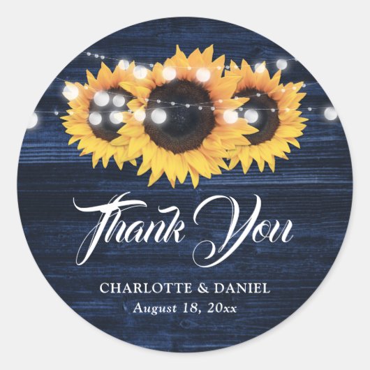 Navy Blue Rustic Sunflower Wedding Thank You Runder Aufkleber (Vorderseite)