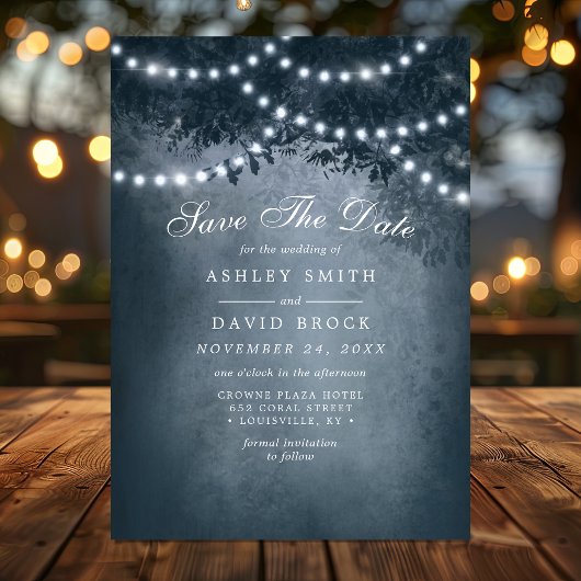 Navy Blue Rustic Tree Lights Save the Date