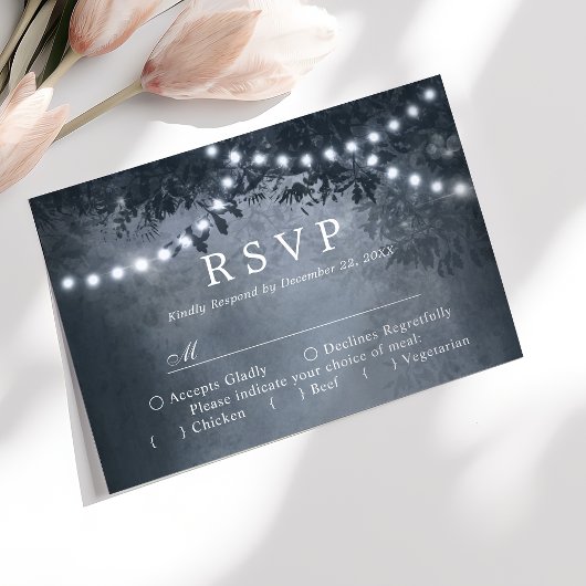 Navy Blue Rustic Tree Lights Wedding RSVP