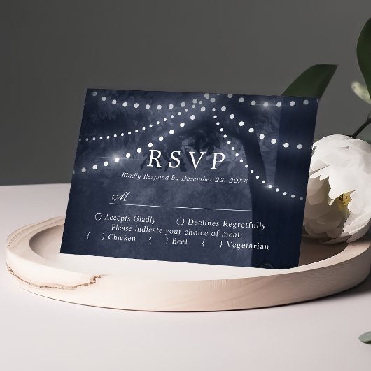 Navy Blue Rustic Tree Lights Wedding RSVP Karte