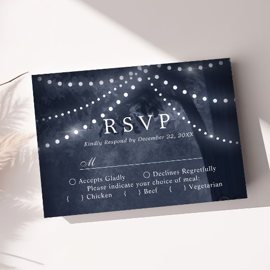 Navy Blue Rustic Tree Lights Wedding RSVP Karte