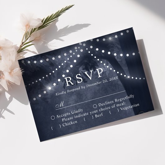 Navy Blue Rustic Tree Lights Wedding RSVP Karte
