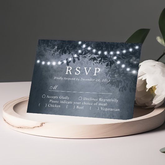 Navy Blue Rustic Tree Lights Wedding RSVP Karte