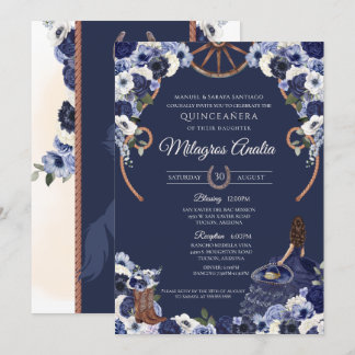 Navy Blue Rustic Western Charro Quinceanera Einladung