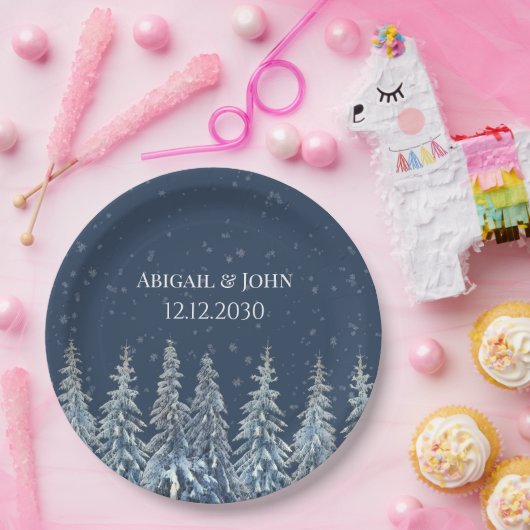 Navy Blue Rustic Winter Forest Wedding Pappteller (Party)