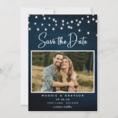 Navy Blue Rustic Wood Foto Lights Save the Date Einladung (Vorderseite)