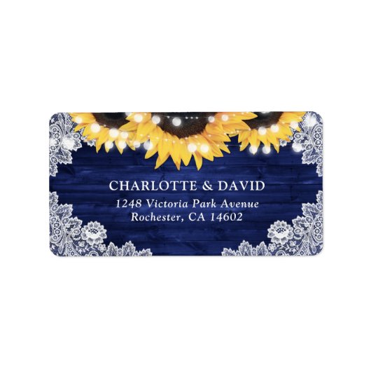 Navy Blue Rustic Wood Lace Sunflower Adresse Adressaufkleber (Vorne)