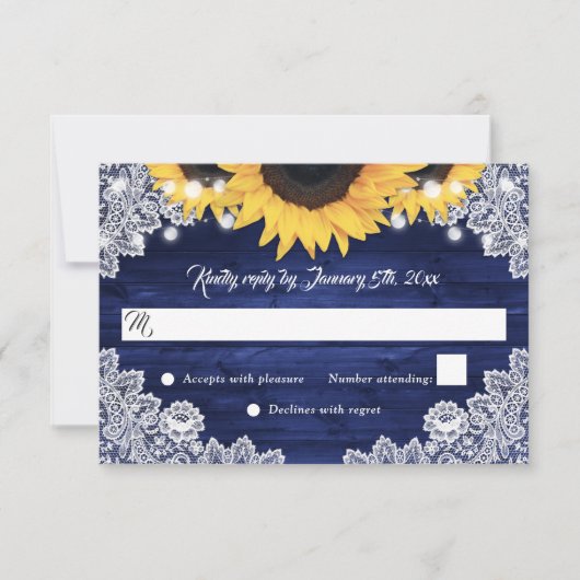 Navy Blue Rustic Wood Lace Sunflower Wedding RSVP Karte (Vorderseite)