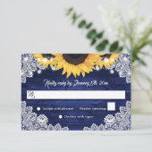 Navy Blue Rustic Wood Lace Sunflower Wedding RSVP Karte (Stehend Vorderseite)