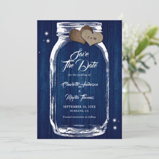 Navy Blue Rustic Wood Mason Jar Wedding Save The Date (Stehend Vorderseite)