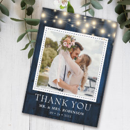 Navy Blue Rustic Wood Wedding Foto Dankeskarte