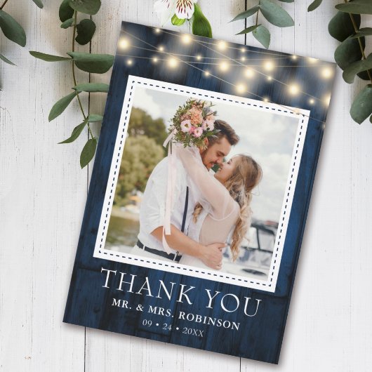 Navy Blue Rustic Wood Wedding Foto Dankeskarte