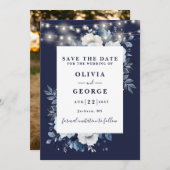 Navy Blue Rusticus String Lights Floral Foto Save The Date (Vorne/Hinten)