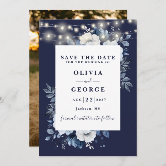 Navy Blue Rusticus String Lights Floral Foto Save The Date (Vorne/Hinten)