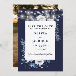 Navy Blue Rusticus String Lights Floral Foto Save The Date