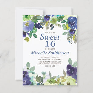 Navy Blue Sage Green Floral Sweet 16 Geburtstag Karte