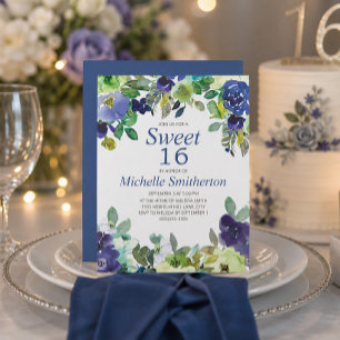 Navy Blue Sage Green Floral Sweet 16 Geburtstag Karte