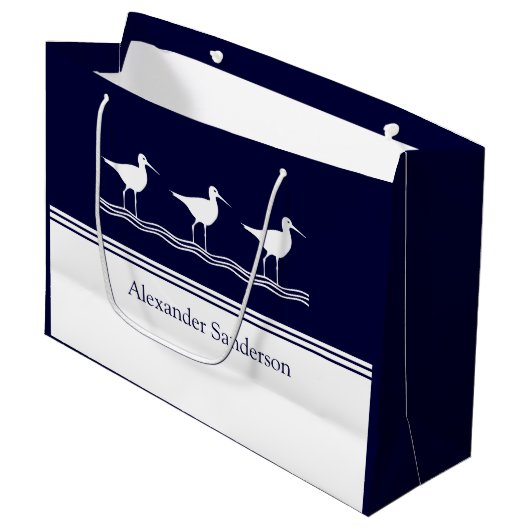 Navy Blue Sandpiper Bird mit eigenem Mit Monogramm Große Geschenktüte (Vorderseite Schrägansicht)