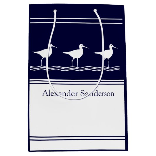 Navy Blue Sandpiper Bird mit eigenem Mit Monogramm Mittlere Geschenktüte (Vorderseite)