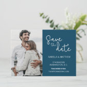 Navy Blue Save the Date Typografie Custom Foto (Stehend Vorderseite)
