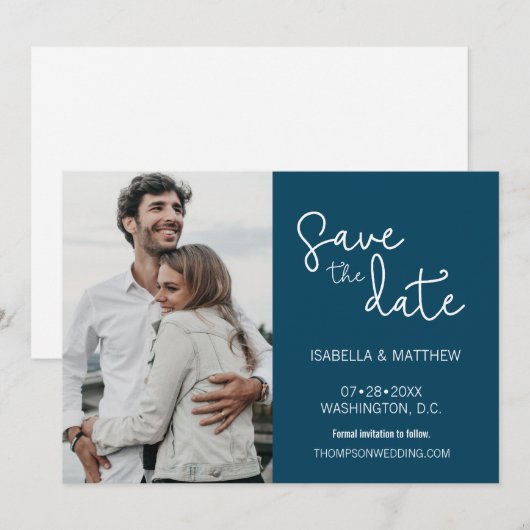 Navy Blue Save the Date Typografie Custom Foto (Vorne/Hinten)