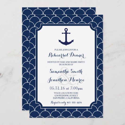 Navy Blue Scallop Nautic Probe Dinner Einladung (Vorne/Hinten)