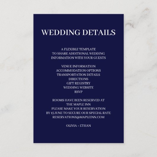 Navy Blue Scandinavian Minimal Wedding Design Begleitkarte (Vorderseite)