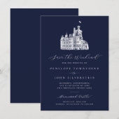 Navy-Blue-Schloss-Illustration-Wochenendhochzeit Save The Date (Vorne/Hinten)