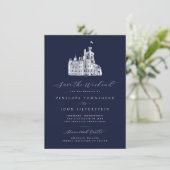 Navy-Blue-Schloss-Illustration-Wochenendhochzeit Save The Date (Stehend Vorderseite)