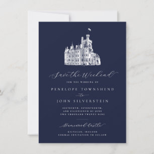 Navy-Blue-Schloss-Illustration-Wochenendhochzeit Save The Date