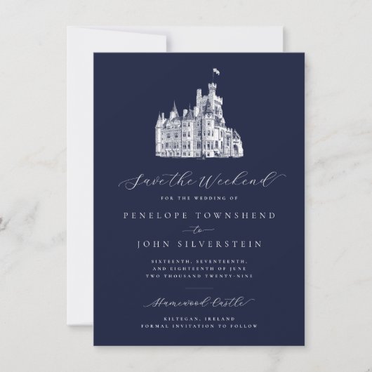 Navy-Blue-Schloss-Illustration-Wochenendhochzeit Save The Date (Vorderseite)