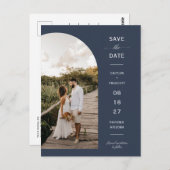 Navy Blue Script Arch Foto QR Code Save the Date Postkarte (Vorne/Hinten)