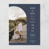 Navy Blue Script Arch Foto QR Code Save the Date Postkarte (Vorderseite)