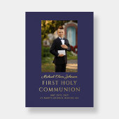 Navy Blue Script Foto Boy First Heilige Kommune Folieneinladung