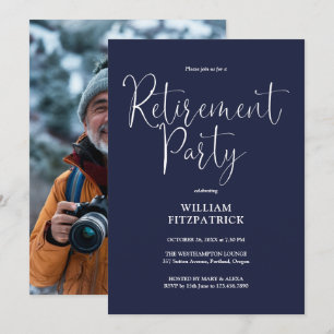 Navy-Blue-Script-Foto-Renteneintrittsfeier Einladung