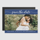 Navy Blue Script Foto Website Save the Date Magneteinladung (Vorne/Hinten)