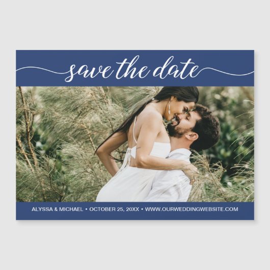 Navy Blue Script Foto Website Save the Date Magneteinladung (Vorderseite)