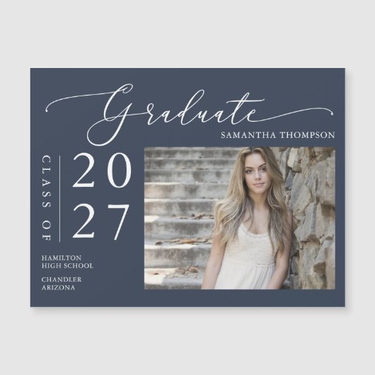 Navy Blue Script High School Graduate Foto Magnet (Vorderseite)