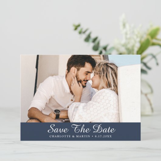 Navy Blue Script Hochzeitungs-Foto speichern die D Save The Date (Stehend Vorderseite)