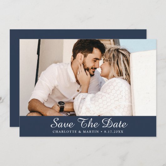 Navy Blue Script Hochzeitungs-Foto speichern die D Save The Date (Vorne/Hinten)