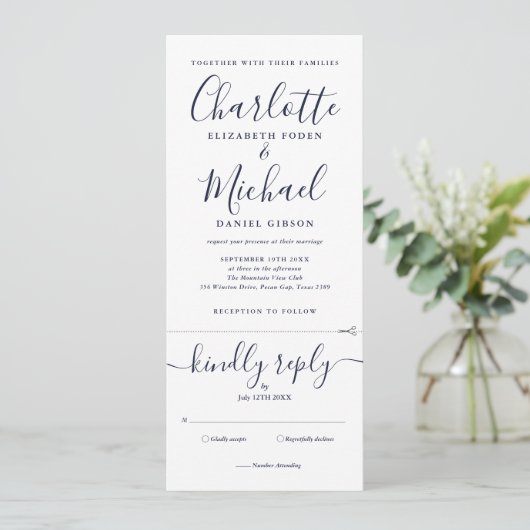 Navy Blue Script Minimalistisch in einer Hochzeit Einladung (Stehend Vorderseite)
