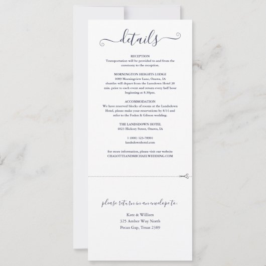 Navy Blue Script Minimalistisch in einer Hochzeit Einladung (Rückseite)