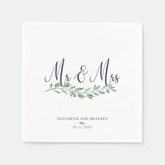 Navy Blue Script Mr. and Mrs. | Grüne Hochzeit Serviette (Vorderseite)
