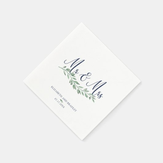 Navy Blue Script Mr. and Mrs. | Grüne Hochzeit Serviette (Ecke)