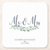 Navy Blue Script MR und MRS Greenery Wedding Rechteckiger Pappuntersetzer (Vorderseite)